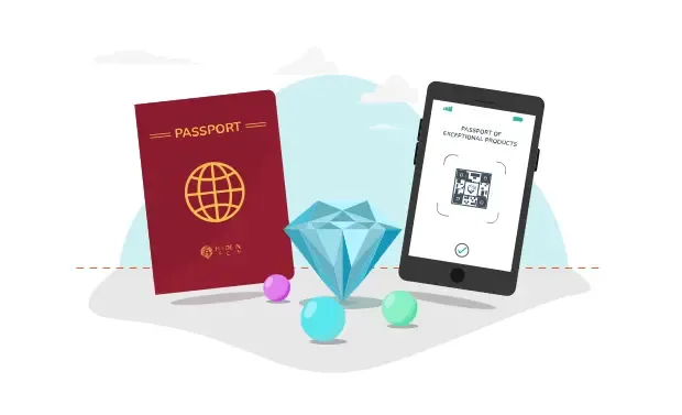 Illustration représentant un passeport rouge avec un globe doré et l'inscription 'Passport', un diamant bleu brillant au centre, et une tablette affichant un QR code sous le texte 'Passport of Exceptional Products'. Autour du diamant, trois petites sphères colorées flottent, symbolisant peut-être des concepts d'authenticité, de valeur ou de technologie. L'arrière-plan est minimaliste avec un ciel clair et des nuages stylisés