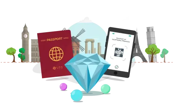 Illustration représentant un passeport rouge avec un globe doré et l'inscription 'Passport', un diamant bleu brillant au centre, et une tablette affichant un QR code sous le texte 'Passport of Exceptional Products'. Autour du diamant, trois petites sphères colorées flottent, symbolisant peut-être des concepts d'authenticité, de valeur ou de technologie. L'arrière-plan est minimaliste avec un ciel clair et des nuages stylisés